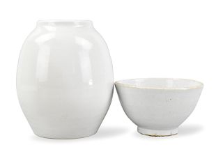 2 Korean White Glazed Bowl & Jar, 19/20th C.