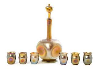 A Tiffany Studios Gold Favrile Glass Drinks Set, Height of first overall 10 inches.