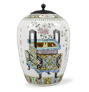 Chinese Famille Rose Jar w/ Antiques, 19th C.