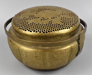 Chinese Bronze Hand Warmer w/ 8 Immortals,Qing D.