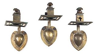 A Set of Three Arts and Crafts Brass and Slag Glass Sconces, Height 12 x width 6 inches.