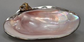 Stephen Dweck sterling lined shell dish with brass snail shell motif, marked Stephen Dweck Sterling. lg. 5 3/4"