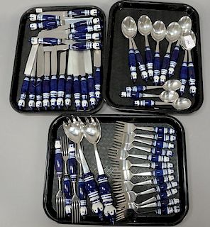 Set of Rosenthal Grill blue stainless with porcelain handled flatware set, 48 total pieces.