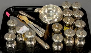 Fourteen sterling pepper grinders, handled poringer, four weighted handle pieces.