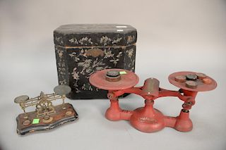 Three piece lot to include two balance scales and a lift top enameled box ht. 9 1/2 in.; wd. 11 1/2 in.