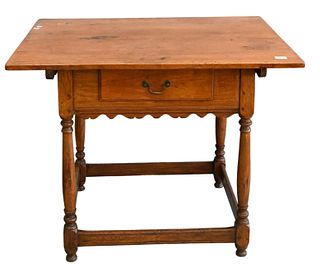 Walnut Work Table, having removable top, one drawer over scalloped apron on turned legs with box stretcher, Pennsylvania, circa 1730, height 30 1/4 in