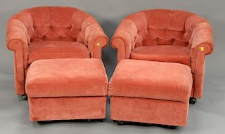 Pair of 1980's tufted velvet club chairs on castors with ottomans.