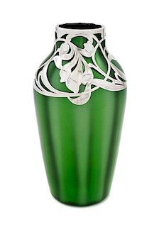A Loetz Glass and Silver Overlay Grun Mettalin Vase, Height 6 3/4 inches.