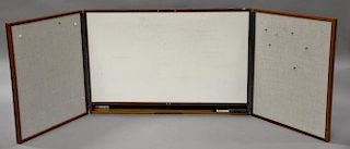 Mid-Century costum teak bullitin/ white board with folding sides. ht. 32 in.; total open lg. 8'