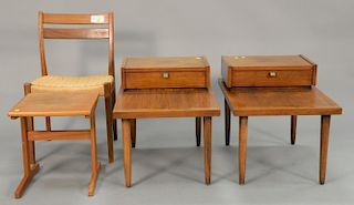 Four piece lot to include two Mid-Century stepback end tables, Swedish chair signed Svegards Markarvd and a teak stand.