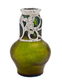 A Loetz Glass and Silver Overlay Vase, Height 5 1/4 inches.