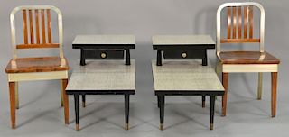 Four piece lot to inculde pair of 1950's tier formica top end tables and pair of Shaw Walker aluminum and wood chairs.