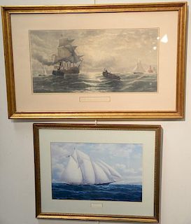 Five prints including Tim Thompson "The America's Cup", Donald Demers lithograph signed in pencil lower right, Tee Time print, The Casco 1879 by Willi