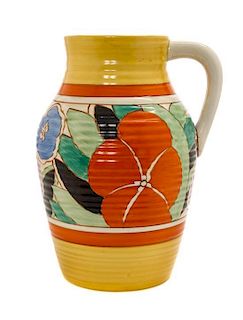 A Clarice Cliff Bizarre Ware Pottery Lotus Jug, Height 12 inches.