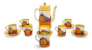A Clarice Cliff Bizarre Ware Pottery Coffee Set, Height of first 7 inches.