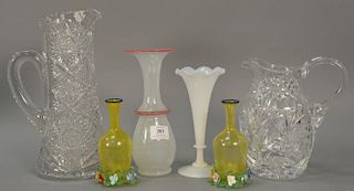 Six piece group of crystal to include two cut glass pitchers, Murano art glass vase with swirls, milk glass vase, and pair of Veneti...