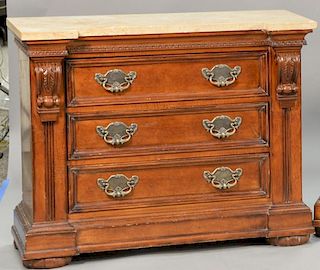 Hickory and White marble top, three drawer chest. ht. 34 in.; wd. 42 in.; dp. 19 in.