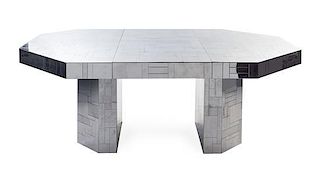 A Paul Evans Chromed Steel Cityscape Extension Table, Height 32 1/4 x width 54 x depth 54 3/8 inches (closed).