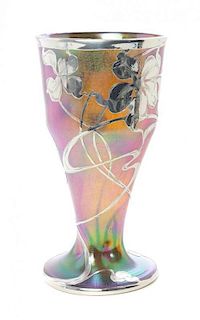 An Austrian Iridescent Glass and Silver Overlay Vase, Height 11 inches.