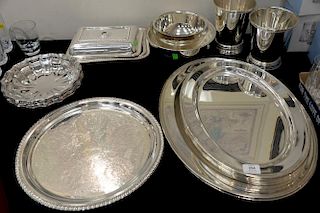 Large group of silverplate to include eight trays, ice buckets, bowls, etc.