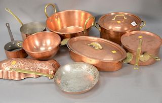 Nine piece lot to include Switzerland copper fish pot with brass handles, two copper pot and pan marked made in France, Fish mold, t...