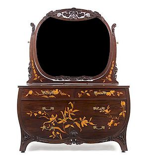 An Art Nouveau Mahogany and Marquetry Chest of Drawers with Mirror, Height 73 x width 55 1/4 x depth 23 1/2 inches.