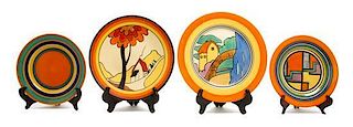 Four Clarice Cliff Bizarre Ware Pottery Plates, Diameter of largest 10 inches.