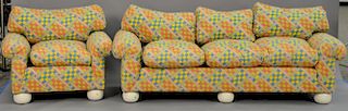 Upholstered sofa and chair on suppressed ball feet. lg. 78 in.