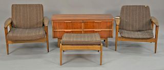 Four piece lot to include a pair of Peter Hvidt attributed stamped Denmark lounge chairs and one attomon and Lane hope chest. chest: ht. 21 in.; wd. 4