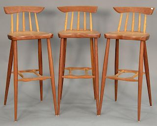 Three R. Curtis bar stools, cherry with hickory spindles. seat ht. 32 in.