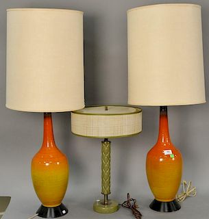 Three modern table lamps include a pair of crackle glaze flambe lamps and a green lamp.