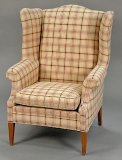 Three piece lot including Ethan Allen maple table, Windsor style chair, and wing chair with plaid upholstery.