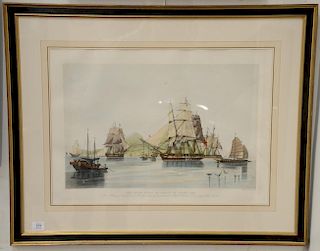 Edward Duncan (1803-1882) colored engraving "The Opium Ships at Lintin in China, 1824", after a painting by William John Huggins, en...