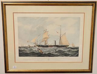After William Adolphus Knell (1802-1875) handcolored engraving "This View of Her Majesty's Steam Frigate Cyclops, Off Spithead, Unde...