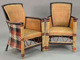 Pair of painted modern wicker and bamboo armchairs.