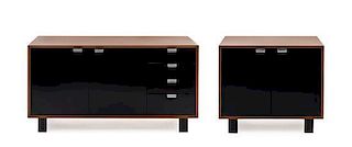 Two George Nelson Walnut and Lacquered Basic Series Cabinets, Height of first 29 7/8 x width 58 1/4 x depth 19 1/2 inches.