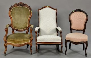 Three piece lot including Victorian gents chair, Victorian rocking chair, and side chair. (as is)