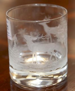 Set of eight etched glass sporting glasses with deer, elk, and rabbit on them, marked on bottom. ht. 3 1/2 in.