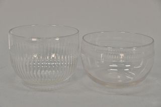 Two sets of crystal fruit bowls including a set of 9 fluted and a set of 5 etched glass, all with ground bottoms. ht. 3 3/4 in.; dia...