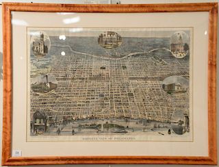 Harpers Weekly May 27, 1876, hand colored engraving "Bird's-eye View of Philadelphia" sketches by Theo. R. Davis, framed and matted....