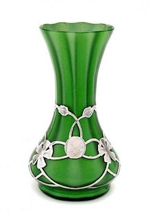 A Loetz Glass and Silver Overlay Grun Mettalin Vase, Height 5 1/8 inches.
