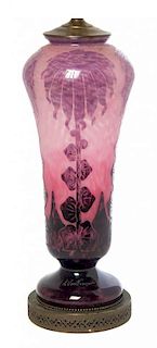 A Le Verre Francais Cameo Glass Lamp Base, Height of glass 21 3/4 inches.
