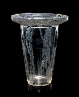 * A Rene Lalique Molded and Frosted Glass Vase, Height 7 7/8 inches.