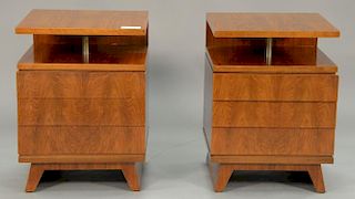 Pair of Swedish walnut three drawer night stands by Bodafors, attributed to Carl Malmsten, ht. 28 in.; top: 17 1/2" x 19 1/2".