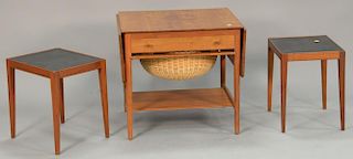 Two piece lot to include Mid-Century coffee table with exotic wood center and large upholstered armchair, modern box design. table: ht. 17 1/2 in.; to