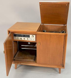 Mid-Century stereo cabinet with Scott Stereo Master 344 tuner and Gerrard turn table. ht. 30 in.; top: 20" x 36 1/2"