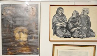 Two framed pieces including Moshe Gat (1935) wood cut of three older women signed lower right Moshe Gat and marked bottom center E/A...