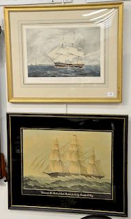 Four ship prints to include Frederick Schiller Cozzens (1846-1928) colored lithograph By Southwest Spit from "American Yachts; Their...