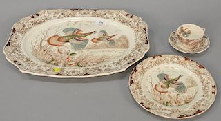 Johnson Brothers "Wild Turkeys" turkey platter, twelve dinnerplates, and twelve cups and saucers, 37 total pieces. platter: lg. 20 in.