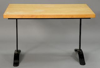 Butcher block table with iron base. ht. 30 in.; top: 30" x 48"